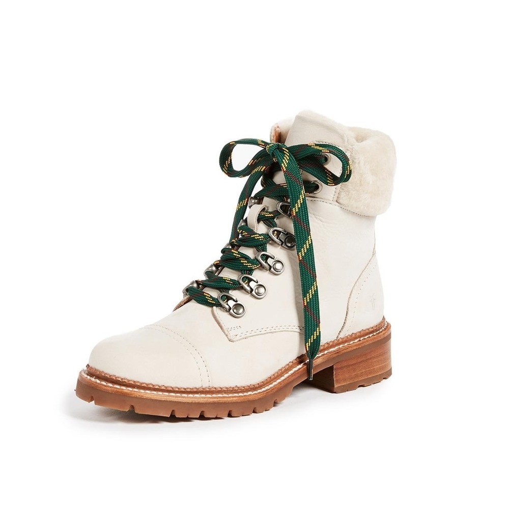 Frye Samantha Shearling Lace Up Hiking Boots Leather Lug Sole Water Resistant